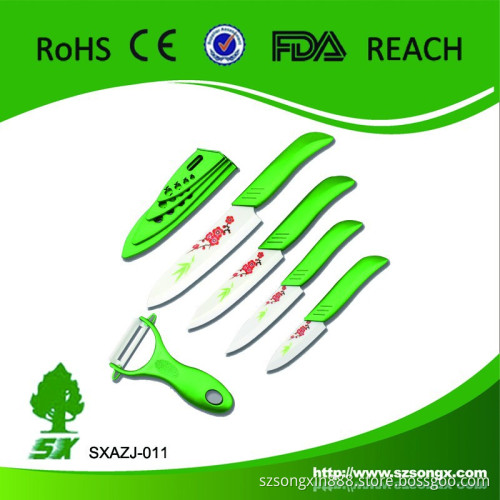 Soft ABS handle antiskid design ceramic knife set(3" paring knife,4"utility knife,5"Santoku knife,6" chef knife)flower print